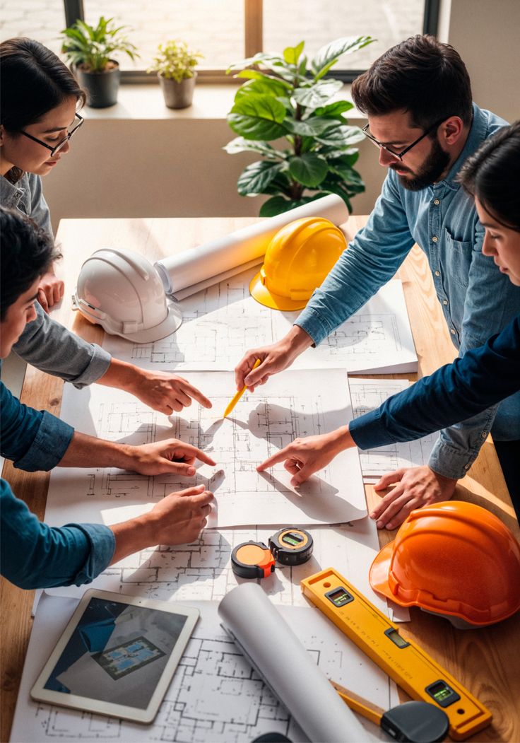 GH Construction team reviewing blueprints